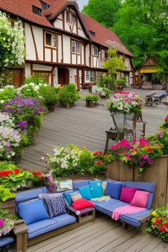 View of a cozy outdoor resting area in front of a half-timbered house with plenty of flowers - generative ai