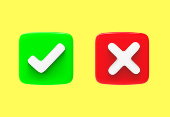 Green tick check mark and cross mark symbols icon element in circle, Simple ok yes no graphic design, right checkmark symbol accepted and rejected, 3D rendering.