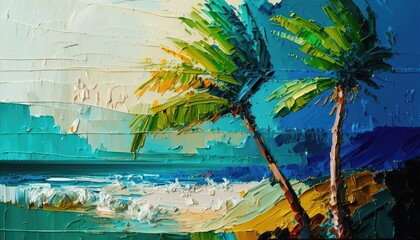 Fototapeta na wymiar Fictional painting. tropical beach landscape texture painting, Rough brushstrokes, oil and palette knife style. Generative AI