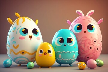 Oster Ei / Osterei bunt lachen spaßig mit Gesicht  Augen Mund für Osterhase- isoliert Studio Cartoons- Generative AI