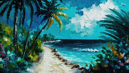 Fictional painting. tropical beach landscape texture painting, Rough brushstrokes, oil and palette knife style. Generative AI