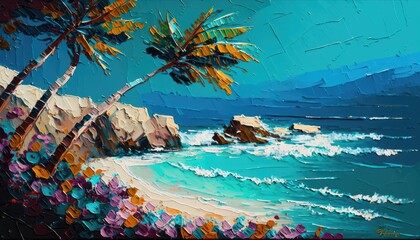 Fictional painting. tropical beach landscape texture painting, Rough brushstrokes, oil and palette knife style. Generative AI