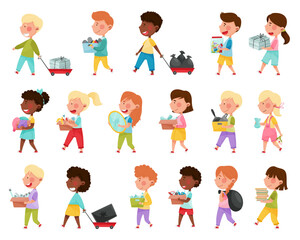Little Kids Recycling Sorting Garbage and Waste Big Vector Set