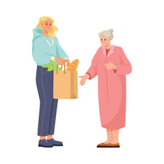 Woman Volunteer Caring of Elderly Lady on Retirement Giving Her Shopping Bag Vector Illustration