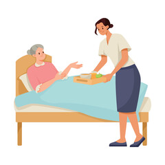 Woman Volunteer Caring of Elderly Lady on Retirement Bringing Her Meal on Tray Vector Illustration