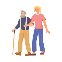Woman Volunteer Caring of Elderly Man on Retirement Leading Him Walking Together Vector Illustration