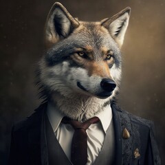 Portrait of a wolf dressed in a formal business suit. Generative AI.