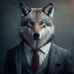 Portrait of a wolf dressed in a formal business suit. Generative AI. - obrazy, fototapety, plakaty