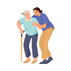 Woman Volunteer Caring of Elderly Lady on Retirement Walking with Her Vector Illustration