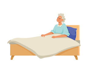 Happy Aged Gray-haired Woman on Retirement Lying in Bed Vector Illustration
