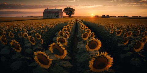 Sunflower field in the Midwest at sunset. Generative AI - obrazy, fototapety, plakaty
