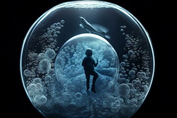 Fototapeta na wymiar human in the soap bubble, whole bubble, sea world, smooth dark background, underwater, cyanotype AI Generated