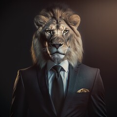Portrait of a lion dressed in a formal business suit. Generative AI.