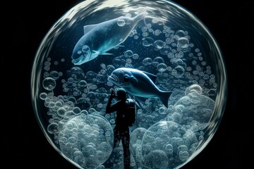 human in the soap bubble, whole bubble, sea world, smooth dark background, underwater, cyanotype AI Generated