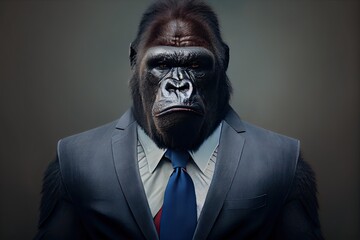 Portrait of a gorilla dressed in a formal business suit. Generative AI. - obrazy, fototapety, plakaty