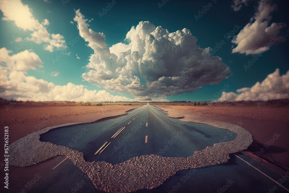 Sticker clouds in the sky and a road made of asphalt. Background of a road. Generative AI