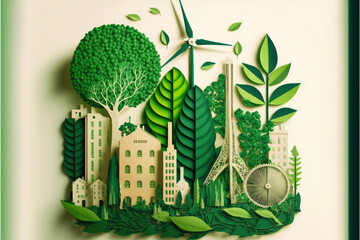 detailed paper art image depicts a city skyline with trees, windmills, and solar panels integrated throughout the landscape. The concept emphasizes the preservation of ecology. Ai created