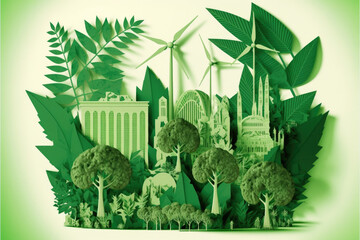 detailed paper art image depicts a city skyline with trees, windmills, and solar panels integrated throughout the landscape. The concept emphasizes the preservation of ecology. Ai created