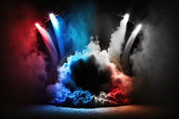 Stage with spotlight, red, white and blue smoke and particle effects, great for 4th of July backdrop or product placement ai