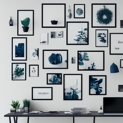 Single color monochrome dark blue color interior room with office desk, furnitures and plants, five picture frames on the wall, 3D rendering, poster frame mockup scene - generative ai