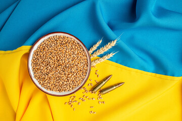 flag of Ukraine with wheat spikelets. Stop the war. Concept of food supply crisis and global food...