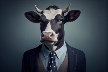 Portrait of a cow dressed in a formal business suit. Generative AI.