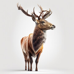 Hirsch mit gro&szlig;em Geweih auf wei&szlig;em Hintergrund isoliert (erstellt durch KI-Tool)