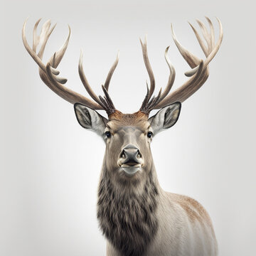 Hirsch mit gro&szlig;em Geweih auf wei&szlig;em Hintergrund isoliert (erstellt durch KI-Tool)