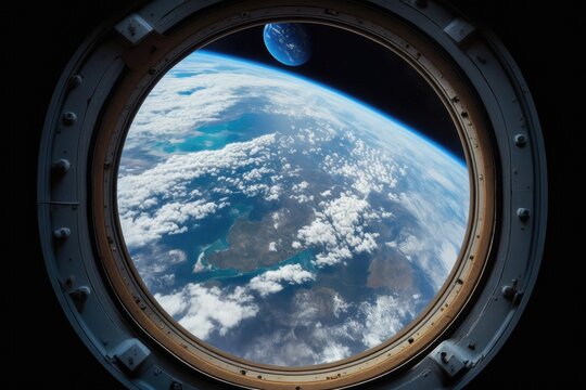 space station window view of the planet earth used in this image. Generative AI