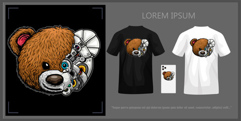 Robot teddy bear head illustration t-shirt design complete with mockup.