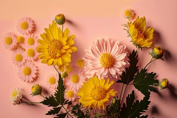 yellow flowers spread over light pink background