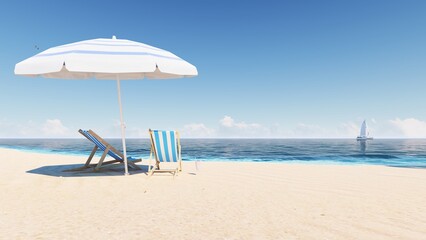 Blue ocean wood sand beach nature tropical palms Island. Hotel beach. Caribbean sea and sky. Small wild beach chairs. landscape Island. Palms turquoise sea background Atlantic ocean. 3D Rendering, 4K.