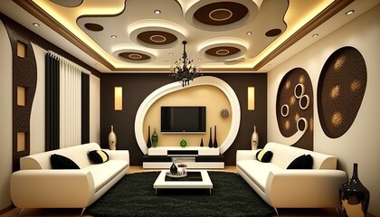 a unique, special false ceiling in the living room gives the home a luxurious effect and a beautiful appearance