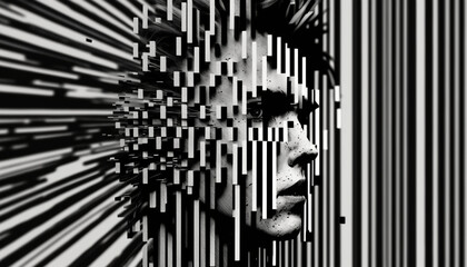 an abstract glitch portrait of a man, generative ai, ai generated art, black and white