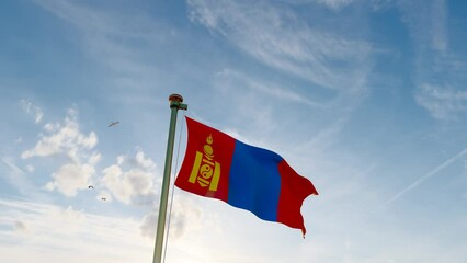 Flag of Mongolia waving in the wind, sky and sun background. Mongolia Flag Video.  4K UHD