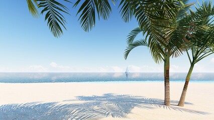 Fototapeta na wymiar Blue ocean wood sand beach nature tropical palms Island. Hotel beach. Caribbean sea and sky. Small wild beach chairs. landscape Island. Palms turquoise sea background Atlantic ocean. 3D Rendering, 4K.