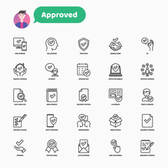 Approved thin line icons set: sync, idea, agreement, calendar date, employee, audit completed, document certified, profile, checklist, understanding. Modern vector illustration.