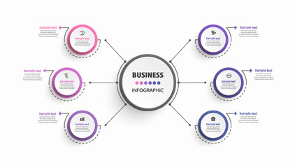 Naklejka premium Business vector infographic design template with icons and 6 options or steps. Can be used for process diagram, presentations, workflow layout, banner, flow chart, info graph