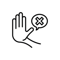 Warning symbol. Stop hand gesture and speech bubble with cross mark. Refusal, personal boundaries, ability to refuse. Modern vector illustration of restriction.