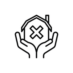 Mortgage is rejected. House with cross mark in hands. Loan is declined. Thin line icon. Vector illustration.