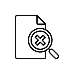 Audit rejected thin line icon: document and magnifier with cross mark. Incorrect document. Modern vector illustration.