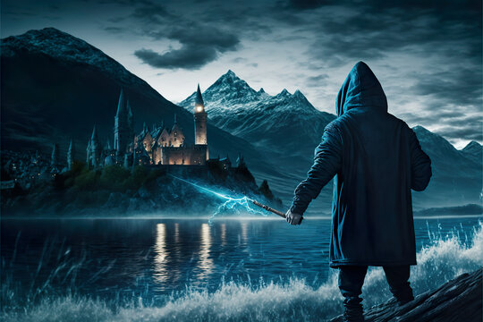 Wizard with a wand and a blue spell standing by the castle at the mountains by the lake misterious fantasy art