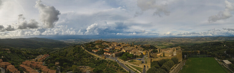 Scenery of Montalchino, a beautiful medieval town in Tuscany. Italy. Panoramic aerial drone shot, october 2022