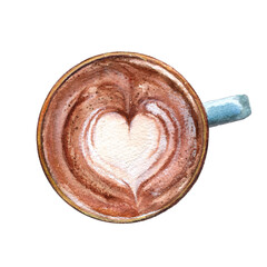 Watercolor illustration of a Cappuccino coffee cup top view, isolated on a white background.