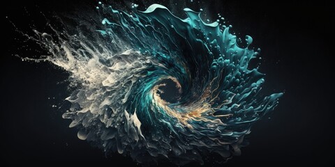 Water splash in an abstract twister shape, isolated on a dark background. Concept of motion, energy, and washing. Generative AI