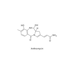 Anthramycin flat skeletal molecular structure Antitumor antibiotic drug used in cancer, sarcoma, lymphoma treatment. Vector illustration.