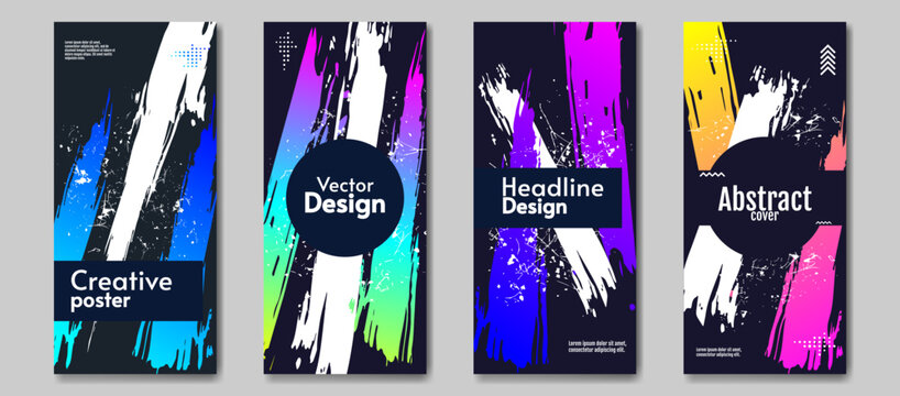 Set of brochures with scratches and splash. Design for poster, brochure, booklet, cover. Gradient paint with dark backdrop and white scratches. 