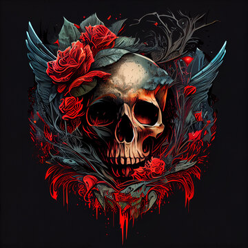 skull and flower t-shirt design,skull illustration,background ,Artificial inteligence