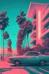 Abstract Retro Vintage Poster with Pink and Turquoise Classic Car and Hotel - Generative AI Illustration
