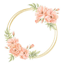 Floral watercolor Wrath with pink Rose Flowers and golden circular Frame. Hand drawn Template for greeting cards or wedding invitations on isolated background. Round botanical vintage border.